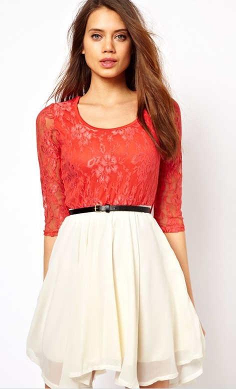 Sleeve Waist Lace Chiffon Dress